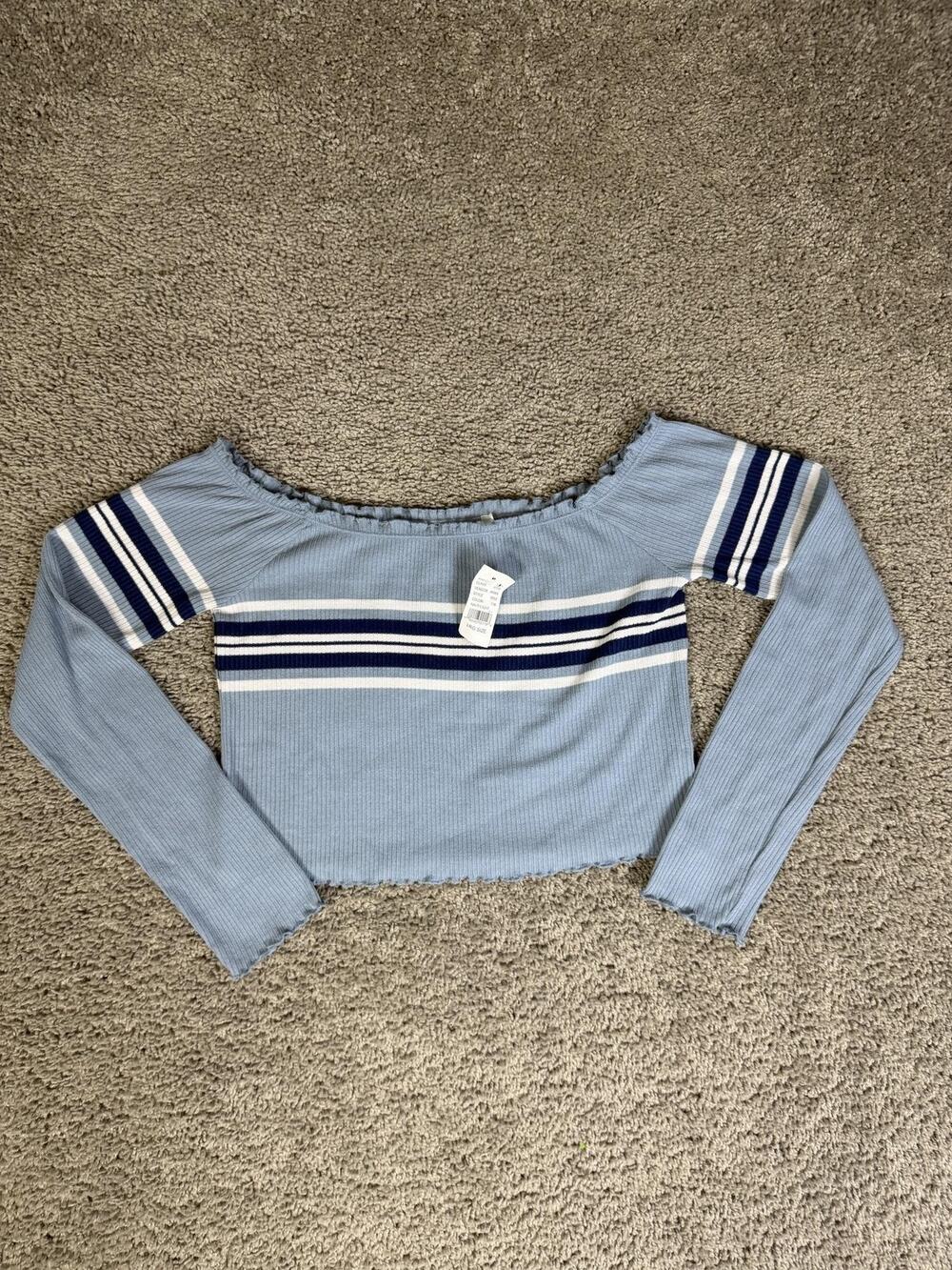 ME TO WE Shirt Girls L Blue Cropped Off The Shoulder Striped Ruffle Tagless